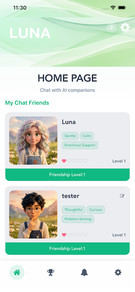 LUNA home screen for young people — chat with AI companions